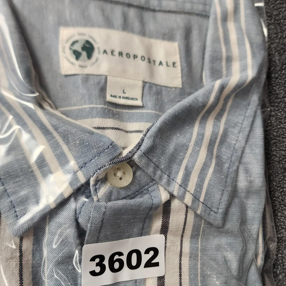 AEROPOSTALE Mens Striped Short Sleeve Button Up‎ Shirt Size L Blue Cotton Hemp